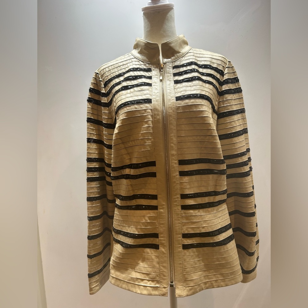 Carlisle Beige Black Beaded Leather Jacket Mesh Lining Sz 10 NWT